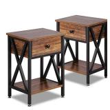 VECELO Modern Versatile Nightstands X-Design Side End Table Night Stand Storage Shelf with Bin Drawer for Living Room Bedroom, Set of 2 (Brown)