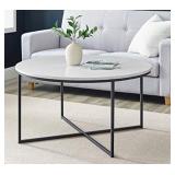 Walker Edison Cora Modern Round Faux Marble Top Coffee Table with X Base, 36 Inch, Marble and Black