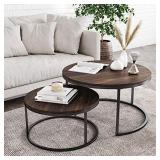 Nathan James Stella Round Modern Nesting Coffee Set of 2, Stacking Living Room Accent Tables with an Industrial Wood Finish and Powder Coated Metal Frame, Warm Nutmeg/Matte Black