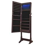 SONGMICS 6 LEDs Jewelry Cabinet Armoire, Lockable Standing Jewelry Organizer, Large Capacity with 2 Drawers, 3 Angel Adjustable, Glossy Dark Brown UJJC94K