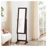 SONGMICS 6 LEDs Jewelry Cabinet Armoire, Lockable Standing Jewelry Organizer, Large Capacity with 2 Drawers, 3 Angel Adjustable, Glossy Dark Brown UJJC94K