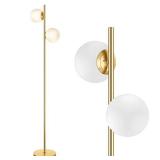 Mid Century Modern 2 Frosted Glass Globe Floor Lamp for Living Room,Contemporary LED Standing Light, Gold Corner Pole Lamp for Office Bedroom, Study Room, Hotel, Antique Brass Standing lighting