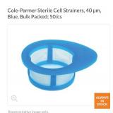 Cole Parmer cell strainers. 40 Âµm Blue, Sterile 50/cs NEW