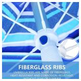 Fokebel 7.5FT Beach Umbrella with Sand Anchor, Push Button Tilt & Carry Bag Outdoor Portable Sunshade Umbrella for Beach Patio Gardenï¼Blue Green Stripe