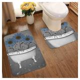 Blue Gray Bathroom Sunflower Bathroom Rug Mat Bath Rug Set Washable Soft Bath Mat, Contour Mat
