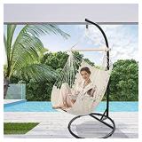 ONCLOUD Hanging Rope Hammock Chair Swing Seat for Yard, Bedroom, Patio, Porch, Indoor / Outdoor - 2 Seat Cushions Included (Beige)