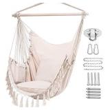Y-STOP Hammock Chair Hanging Rope Swing, Max 330 Lbs, 2 Cushions Included, Large Macrame Hanging Chair with Pocket, Quality Cotton Weave for Superior Comfort, Durability, Beige