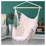 Y-STOP Hammock Chair Hanging Rope Swing, Max 330 Lbs, 2 Cushions Included, Large Macrame Hanging Chair with Pocket, Quality Cotton Weave for Superior Comfort, Durability, Beige