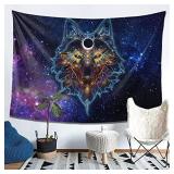 COWDIY Wolf Tapestry Galaxy Wall Hanging Tapestry Starry Sky Lagre Wall Art Poster Hippie Animal Wall Tapestries for Bedroom Dorm Livingroom Outdoor Decor Cover Picnic Mat, Blue Purple 80Wx60H Inches