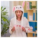 Funny Plush Bunny Hat Ear Moving/Jumping Rabbit Hat Cute Unisex Animal Ear Flap Hat with Paws for Women Girls