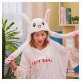 Funny Plush Bunny Hat Ear Moving/Jumping Rabbit Hat Cute Unisex Animal Ear Flap Hat with Paws for Women Girls