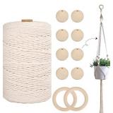 Outuxed Macrame Kits for Starters, with Macrame Cord 3mm x 220 Yards, 8pcs 30mm Beads and 2pcs 65mm Wood Rings for Wall Hanging Crafts, Plant Hanger