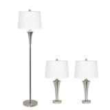 Elegant Designs - Tapered 3 Pack Lamp Set (2 Table Lamps, 1 Floor Lamp) with White Shades - Brushed Nickel - Retail:$149.99