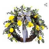WANNA-CUL 22 Inch Spring Summer Farmhouse Fruit Wreath for Front Door with Artificial Lemons ,Blueberry,Grid Ribbon and Green Leaves, Lemon Door Wreath for Fall Autumn Wall and Home Decoration