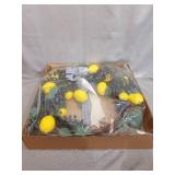 WANNA-CUL 22 Inch Spring Summer Farmhouse Fruit Wreath for Front Door with Artificial Lemons ,Blueberry,Grid Ribbon and Green Leaves, Lemon Door Wreath for Fall Autumn Wall and Home Decoration