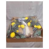 WANNA-CUL 22 Inch Spring Summer Farmhouse Fruit Wreath for Front Door with Artificial Lemons ,Blueberry,Grid Ribbon and Green Leaves, Lemon Door Wreath for Fall Autumn Wall and Home Decoration