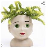 Female Head Design Succulents Plant Pot with Drainage Hole, Cactus Planter Indoor Outdoor Resin Planter, Cute Plants Flower Pot, Unique Garden Planter, Green Eyes Beige Skin