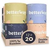 Betterway Bamboo Toilet Paper 3 PLY - Eco Friendly, Sustainable Toilet Tissue - 12 Double Rolls & 360 Sheets Per Roll - Septic Safe - Organic, Plastic Free, Compostable & Biodegradable - FSC Certified