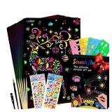 Scratch Paper Art Set - 50 PCS Rainbow Magic Scratch Paper, Rainbow scratch paper Black Kids Birthday Gifts, with 5 PCS Wooden Stylus & Dinosaur stickers, for Party Children
