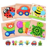 MAGIFIRE Wooden Toddler Puzzles Gifts Toys for 1 2 3 Year Old Boys Girls Baby Infant Kid Learning Educational 6 Animal Shape Jigsaw Eco Friendly Child Kid Montessori Stem Travel Toy