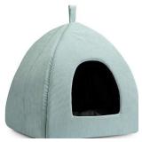 Hollypet Self-Warming Cat Bed, 2 in 1 Cat Tent Cave for Kittens and Small Dogs, 16 x 16 x 17 inches Triangle Feline House Hut with Washable Cushion for Indoor Outdoor, Lake Green