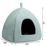 Hollypet Self-Warming Cat Bed, 2 in 1 Cat Tent Cave for Kittens and Small Dogs, 16 x 16 x 17 inches Triangle Feline House Hut with Washable Cushion for Indoor Outdoor, Lake Green