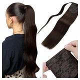 LaaVoo Brown Human Hair Ponytail Extension Remy Darkest Brown Hair Extensions 14 Inch Straight Wrap Around Ponytail Human Hair 70g Clip on Pony Tail Hairpiece for Women