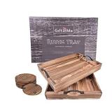 Wood Serving Trays with Handles, Stackable Set of 2, Large Rustic Torched Wood Trays for Coffee Table, Ottoman and Living Room, Includes 4 Pc. Coaster Set, Farmhouse Decor, Vintage Non-Slip Trays