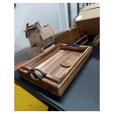 Wood Serving Trays with Handles, Stackable Set of 2, Large Rustic Torched Wood Trays for Coffee Table, Ottoman and Living Room, Includes 4 Pc. Coaster Set, Farmhouse Decor, Vintage Non-Slip Trays