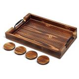Wood Serving Tray 20x14x2.5 Inch - Coffee Table Organizer - Bathroom Vanity - Rustic Ottoman Tray - Thick Comfortable Handles - Breakfast/Coffee/Dinner - 4 Coasters (Brown)