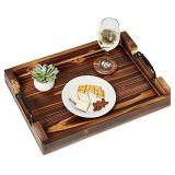 Wood Serving Tray 20x14x2.5 Inch - Coffee Table Organizer - Bathroom Vanity - Rustic Ottoman Tray - Thick Comfortable Handles - Breakfast/Coffee/Dinner - 4 Coasters (Brown)