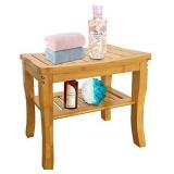 Bamboo Shower Bench Bathroom Stool, Spa Bath Shower Stool with Storage Shelf, Wood Bench for Indoor Outdoor Use