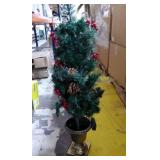 3 FT Christmas Tree, Pre-Lit Crestwood Spruce Entrance Tree with 100 LEDs Fairy Lights, Pine Cones, Red Berries in Gold Urn Base for Front Door, Porch, Entryway Xmas Home Decorations, 1 Pack