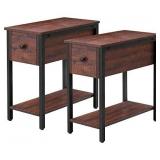 HOOBRO Set of 2 Narrow End Table, 2-Tier Nightstand with Drawer and Shelf, Side Table for Small Spaces, Stable and Sturdy, Wood Look Accent Table in Bedroom, Walnut Color and Black BY04BZP201