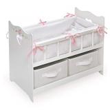 White Rose Doll Crib with Bedding, 2 Baskets, and Free Personalization Kit (fits American Girl Dolls)