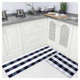 2 Piece Non-Slip Kitchen Rug TPR Non-Skid Backing Mat for Doorway Bathroom Runner Rug Set, Buffalo Plaid Check Design (17"x48"+17"x24")