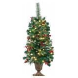 3 FT Christmas Tree, Pre-Lit Crestwood Spruce Entrance Tree with 100 LEDs Fairy Lights, Pine Cones, Red Berries in Gold Urn Base for Front Door, Porch, Entryway Xmas Home Decorations, 1 Pack