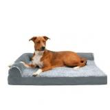 FurHaven Pet Dog Bed Deluxe Cooling Gel Memory Foam Orthopedic Faux Fur & Suede L-Shaped Lounge Pet Bed for Dogs & Cats, Stone Gray, Jumbo