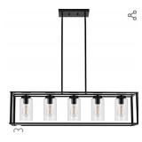 VINLUZ Farmhouse Chandeliers Rectangle Black 5 Light Dining Room Lighting Fixtures Hanging, Kitchen Island Cage Pendant Lights Contemporary Modern Ceiling Light with Glass Shade Adjustable Rods