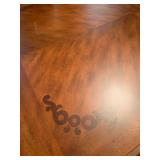 Wood dining table 78 X 48 with 8 leather and wood chairs and 24 inch leaf and table protector pads (matches lot 1001)