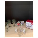 Christmas glasses and cups, salt and peppers shakers, glass angels and Mikasa candy dish