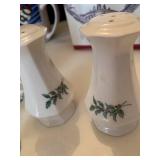 Christmas glasses and cups, salt and peppers shakers, glass angels and Mikasa candy dish