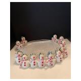 Glass Christmas platter with snowman napkin rings