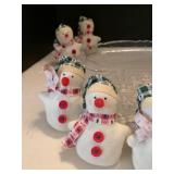 Glass Christmas platter with snowman napkin rings