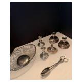 Silver plate candle stick holders bowl and salad tongs
