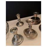 Silver plate candle stick holders bowl and salad tongs