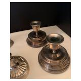 Silver plate candle stick holders bowl and salad tongs