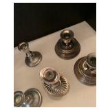 Silver plate candle stick holders bowl and salad tongs