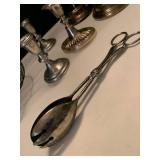 Silver plate candle stick holders bowl and salad tongs