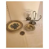 Blue delft plate in pewter frame, pewter candlestand with hanging snuffer and more